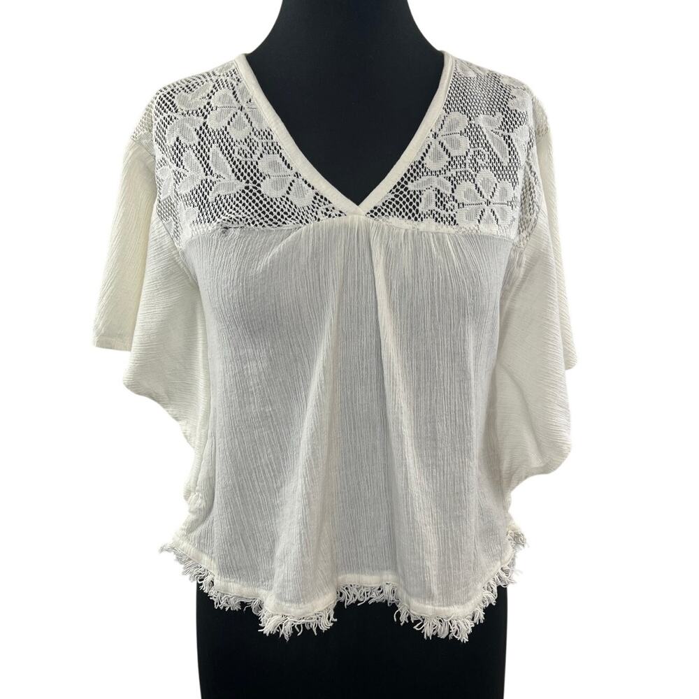 Y2K Vintage BHAG'S Boho Off White Crochet Short Sleeve Top Blouse Size M/L